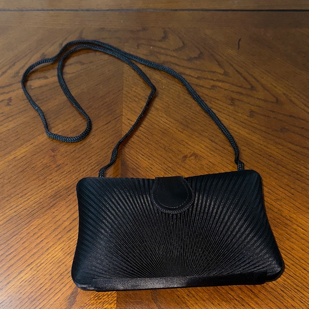 Fan Pleated Black Satin Hard Box Crossbody Clutch